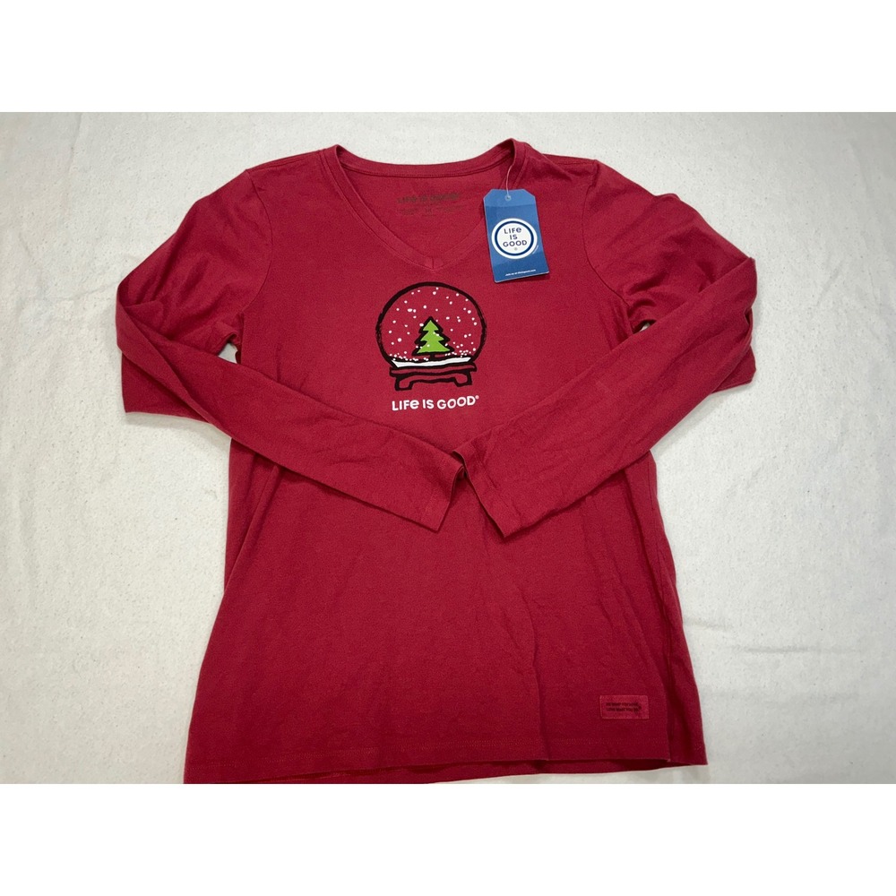 Life is Good Women's Red Long Sleeve V Neck Christmas Tree Graphic T Shirt Sz M